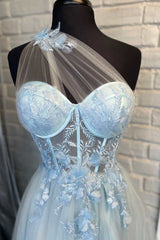 Reception Dress, One-Shoulder Light Blue Tulle 3D Floral Lace A-Line Prom Dress