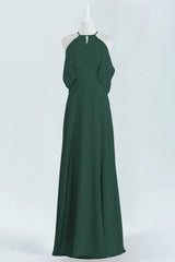 Party Dress In White, Hunter Green Chiffon A-line Long Bridesmaid Dress with Cold Sleeves