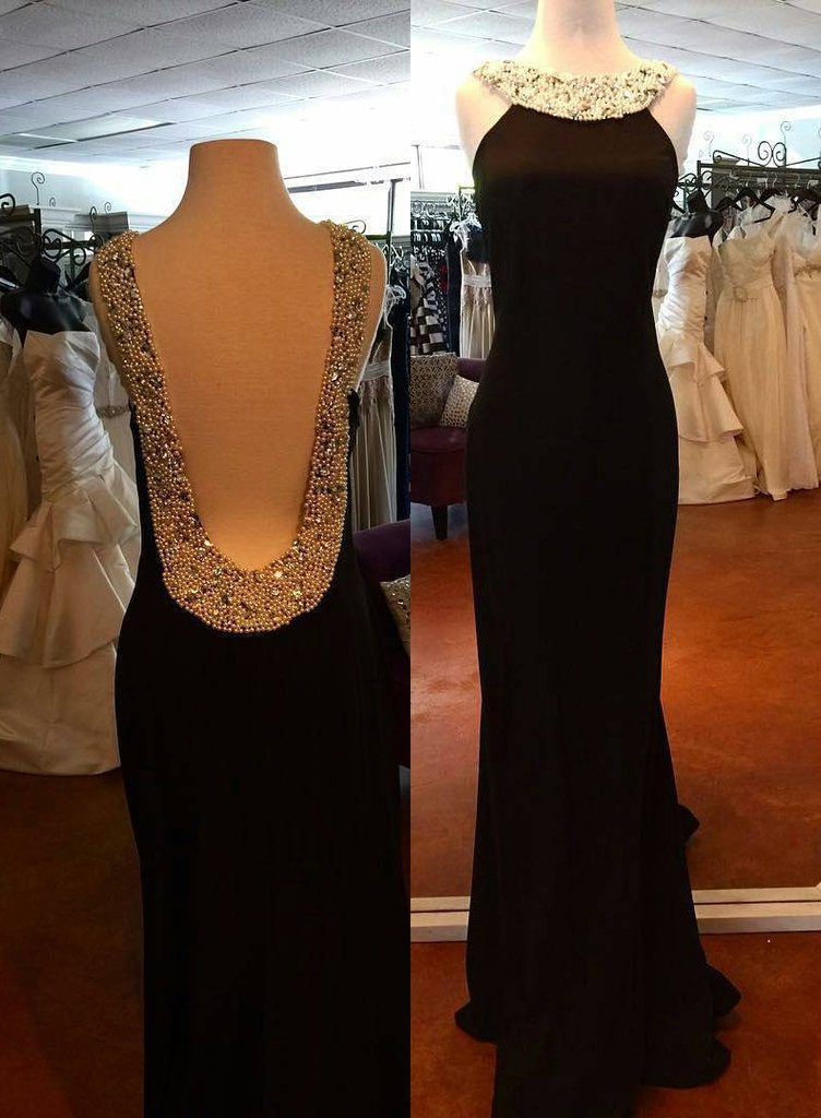 Prom Dress Designers, Backless Sleeveless Natural Beading Column/Sheath 2024 Junoesque Black Prom Dresses
