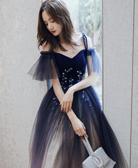 Bridesmaid Dress Style Long, Blue Sweetheart Tulle Off Shoulder Long Prom Dress, Blue Evening Dress