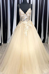 Bridesmaids Dresses Long, Champagne V Neck Tulle Lace Long Prom Dresses Evening Dresses