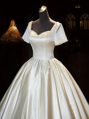 Wedding Dresses Sleeved, White Sweetheart Satin Long Bridal Dress, White Wedding Dress