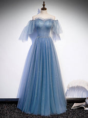 Bridesmaid Dresses Beach Wedding, Blue Sweetheart Tulle Sequin Long Prom Dress, Blue Formal Dress, 1