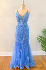 Prom Dress2034, Blue Floral Appliques Backless Mermaid Long Prom Dress