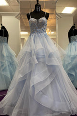 Plu Size Wedding Dress, Light Blue Straps Layers Floral A-line Long Prom Dress