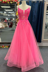 Party Dress With Glitter, Hot Pink Tulle Appliques Lace-Up A-Line Long Prom Dress