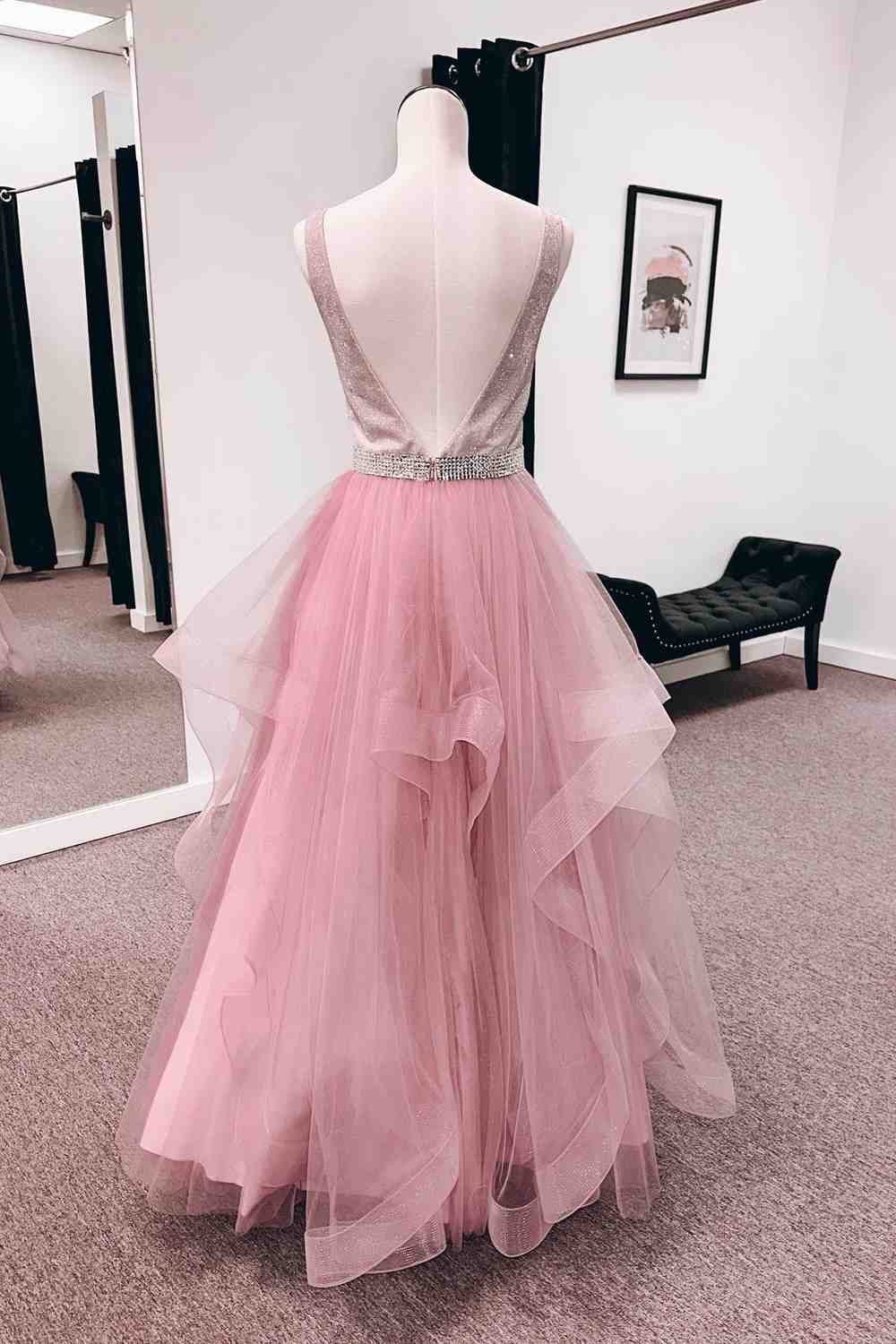 Prom Dresses Long Open Back, Pink A-line V Neck Tulle Layers Long Prom Dress with Bleaded Sash