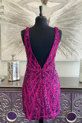 Formal Dresses Elegant, Fuchsia Plunging V Neck Sequins-Embroidery Sheath Homecoming Dress