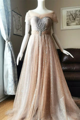 Prom Dress Casual, Blushing Pink A-line Illusion PortraitBeaded Appliques Lace-Up Long Prom Dress