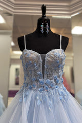 Bachelorette Party, Light Blue Straps Layers Floral A-line Long Prom Dress