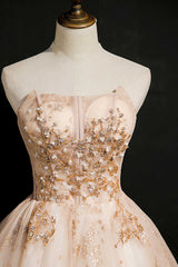 Homecoming Dresses, Champagne Beaded Strapless Lace-Up Short Homecoming Dress
