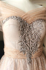 Prom Dress Sales, Blushing Pink A-line Illusion PortraitBeaded Appliques Lace-Up Long Prom Dress