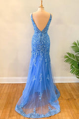 Prom Dressed 2034, Blue Floral Appliques Backless Mermaid Long Prom Dress