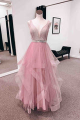 Prom Dress Silk, Pink A-line V Neck Tulle Layers Long Prom Dress with Bleaded Sash