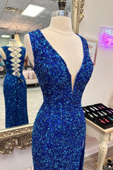 Evening Dresses Fitted, Royal Blue Deep V Neck Sequins Lace-Up Long Prom Dress with Slit