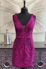 Formal Dresses Gowns, Fuchsia Plunging V Neck Sequins-Embroidery Sheath Homecoming Dress