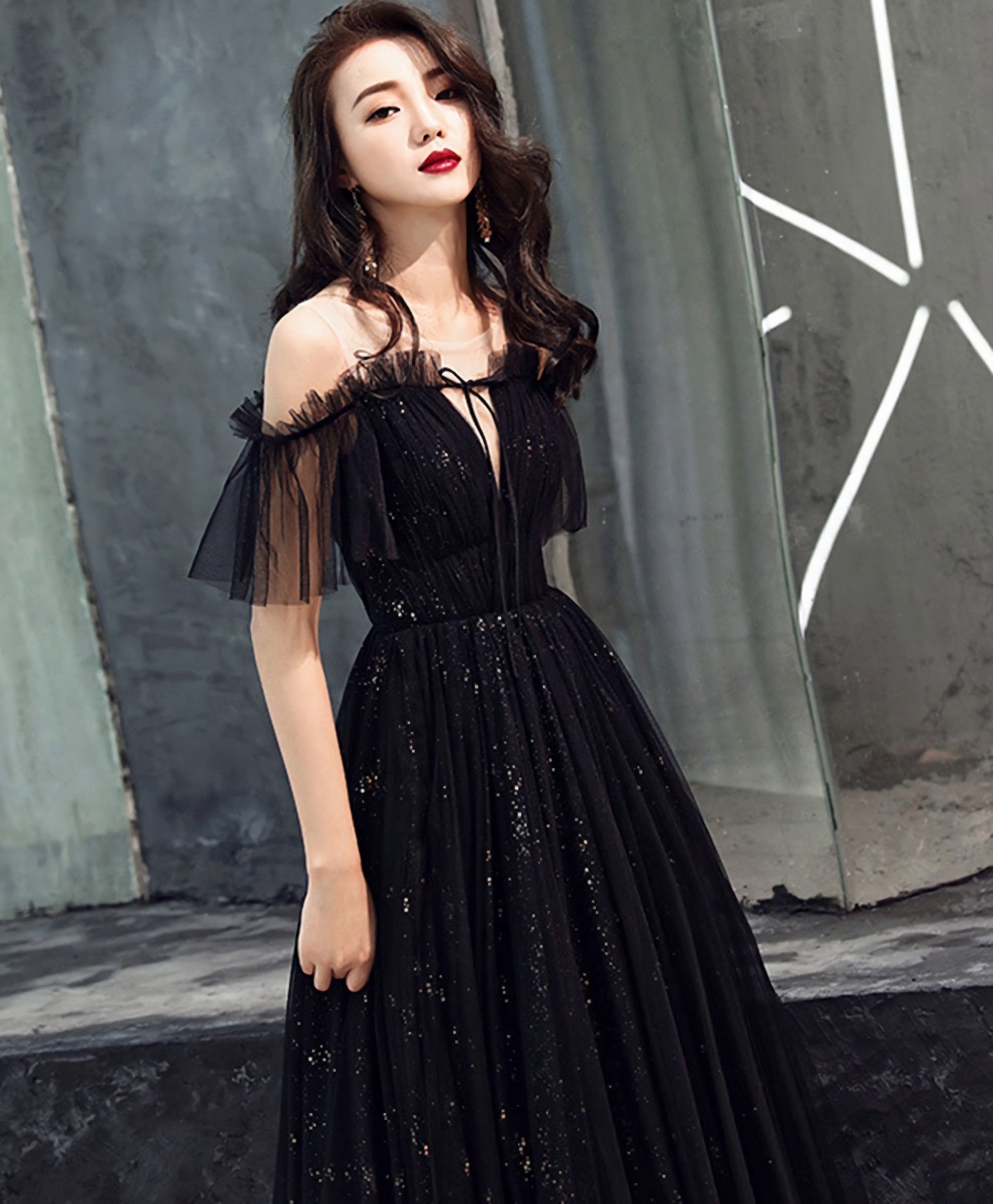 Simple Wedding Dress, Black Tulle Off Shoulder Long Prom Dress, Black Formal Dress