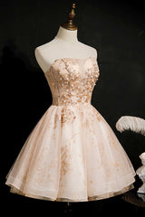 Sundress, Champagne Beaded Strapless Lace-Up Short Homecoming Dress