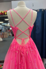 Party Dress Reception Wedding, Hot Pink Tulle Appliques Lace-Up A-Line Long Prom Dress