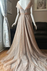 Prom Dresses Sale, Blushing Pink A-line Illusion PortraitBeaded Appliques Lace-Up Long Prom Dress