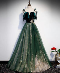 Party Dress Size 33, Green Tulle Lace Long Prom Dress, Green Tulle Lace Formal Dress, 1