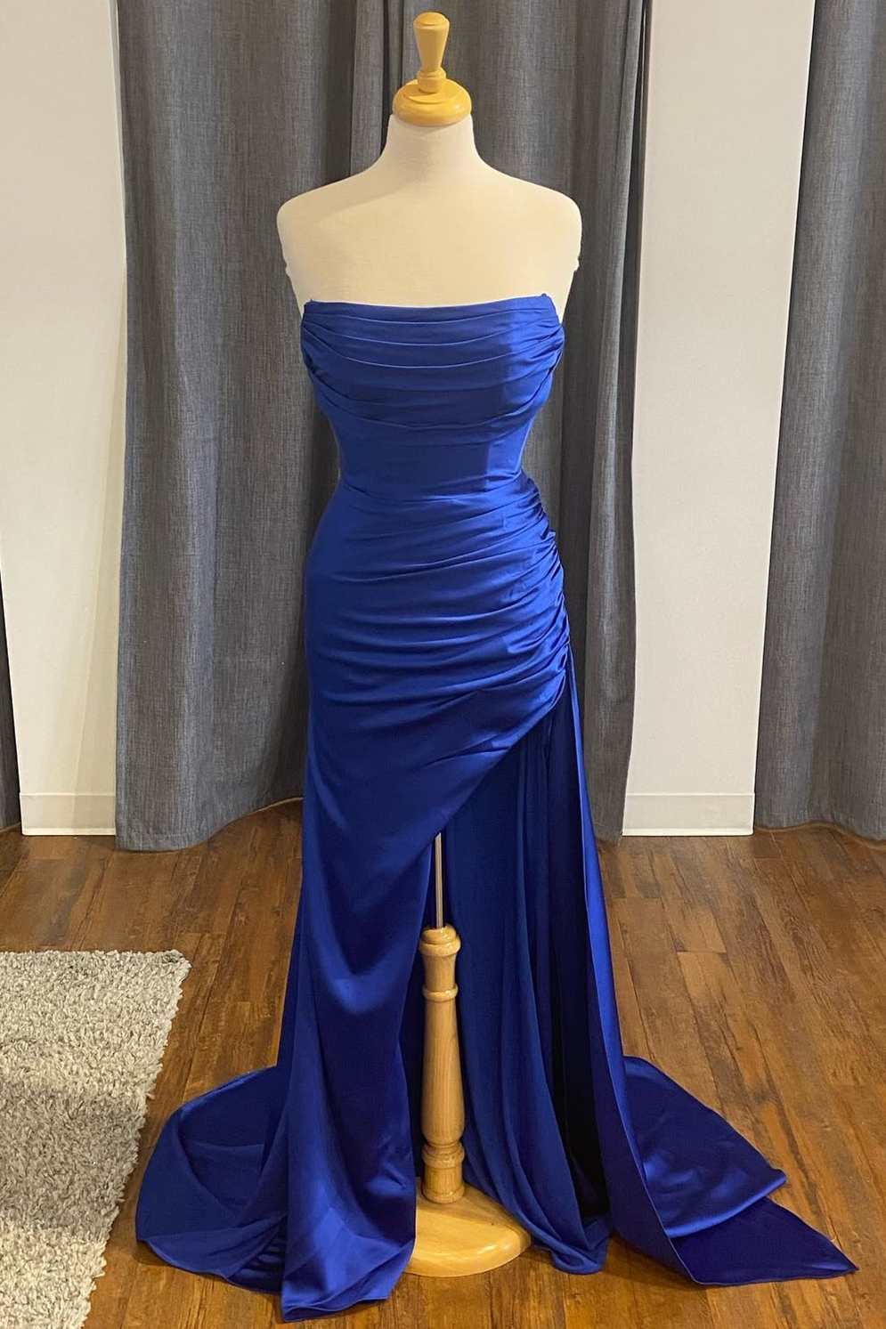 Prom Dresses Sites, Blue Satin Strapless Mermaid Long Formal Dress with Slit