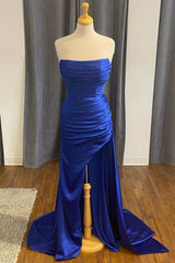 Prom Dresses Sites, Blue Satin Strapless Mermaid Long Formal Dress with Slit