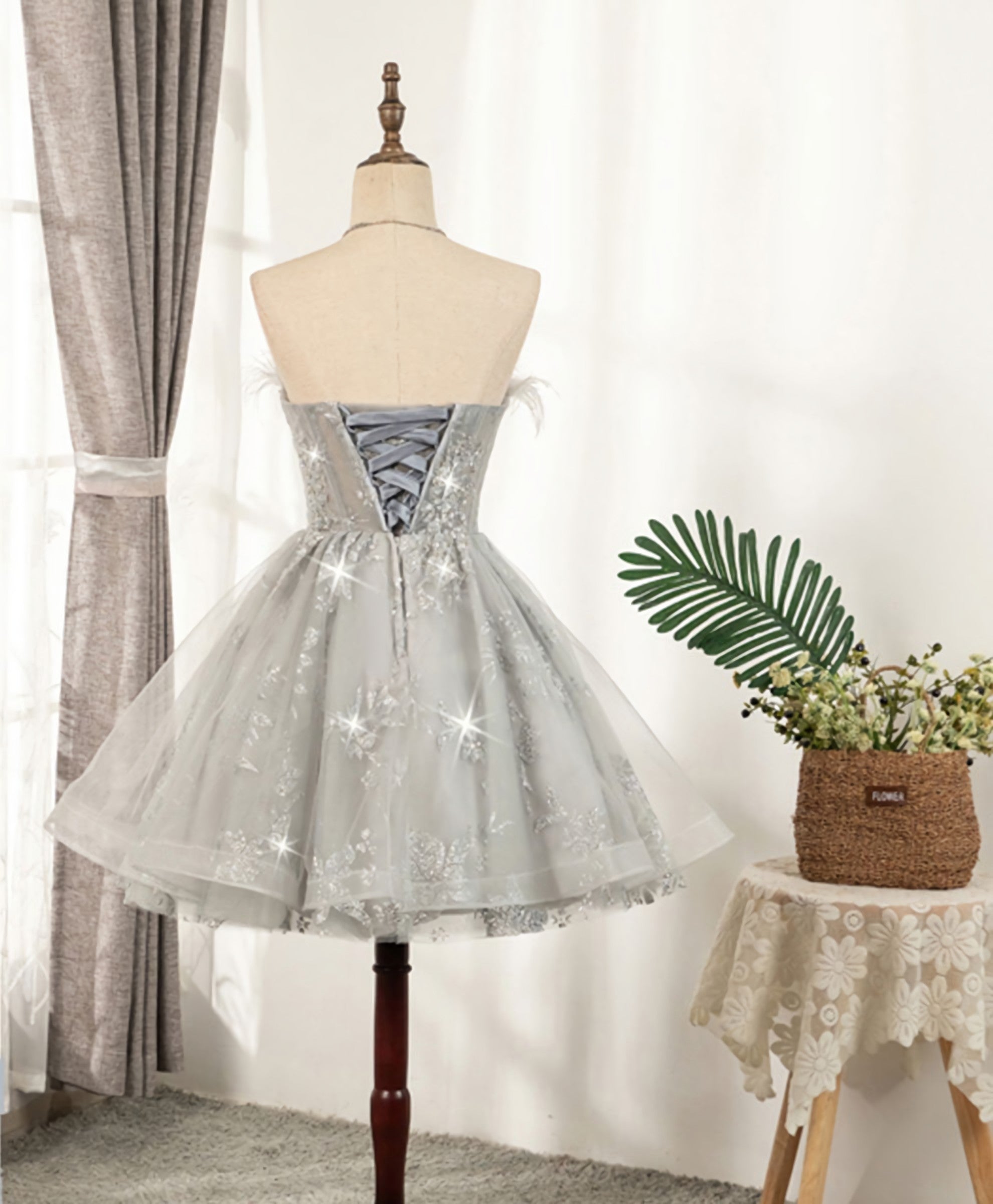 Party Dresses For Summer, Gray Sweetheart Lace Tulle Short Prom Dress, Gray Cocktail Dress