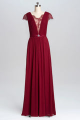 Spring Wedding, Wine Red A-line Chiffon Long Bridesmaid Dress with Cap Sleeves