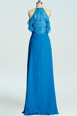 Prom Dresses Sweetheart, Blue A-line Lace and Chiffon Full Length Bridesmaid Dress