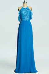 Prom Dresses Size 31, Blue A-line Lace and Chiffon Full Length Bridesmaid Dress