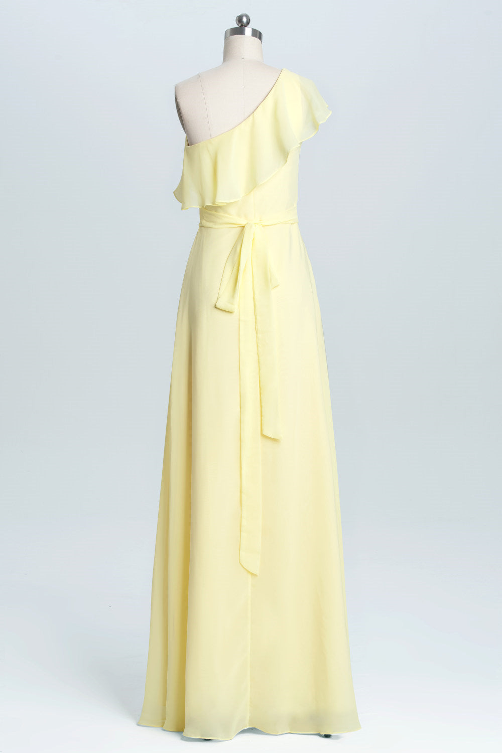 Green Dress, One Shoulder Yellow Ruffles A-line Long Bridesmaid Dress