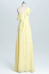 Green Dress, One Shoulder Yellow Ruffles A-line Long Bridesmaid Dress