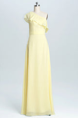 Quince Dress, One Shoulder Yellow Ruffles A-line Long Bridesmaid Dress