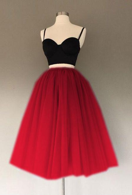 Prom Dress Classy, Red And Black Two Pieces Tulle Sweetheart Spaghetti Straps Short Prom Dresses