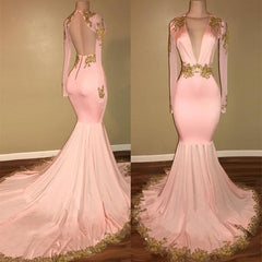 Prom Dress Type, Long Sleeves Blushing Pink Deep V Neck Mermaid Backless With Gold Appliques Prom Dresses