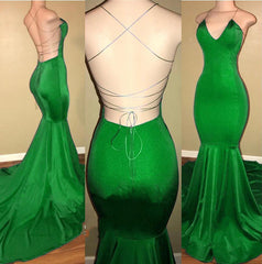 Evening Dresses For Wedding Guest, Sexy Mermaid Green Backless Criss Cross V Neck Elastic Satin Prom Dresses