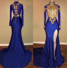 Prom Dresses Style, Charming African Royal Blue Side Slit Sheath Long Sleeves Prom Dresses