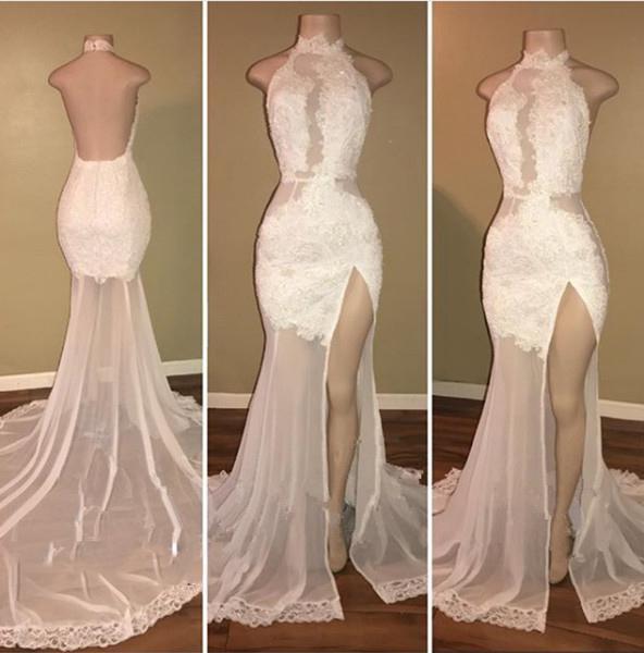 Prom Dress Aesthetic, New Arrival Sheath White High Neck Side Slit Lace Backless See Through African Prom Dresses