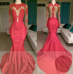 Prom Dresses Aesthetic, 2024 Red Mermaid See Through Long Sleeves Satin Appliques Long Prom Dresses