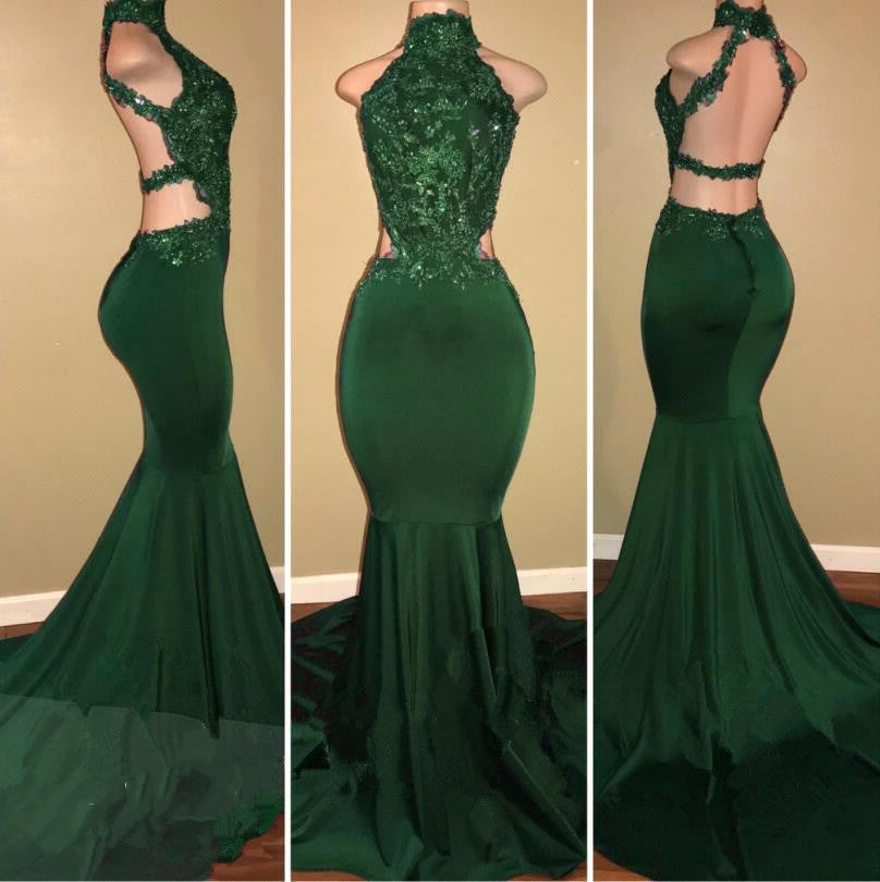 Evening Dresses Mermaid, Sexy High Neck Green Backless Mermaid Elastic Satin Appliques Long African Prom Dresses