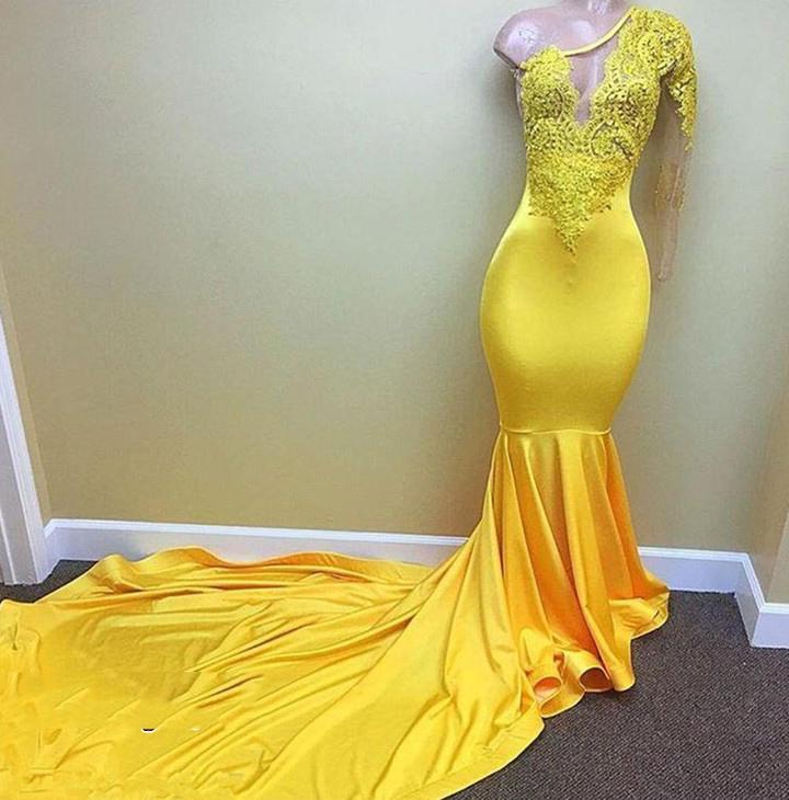 Prom Dresses With Slit, Charming One Shoulder Yellow See Through Mermaid Long Prom Dresses