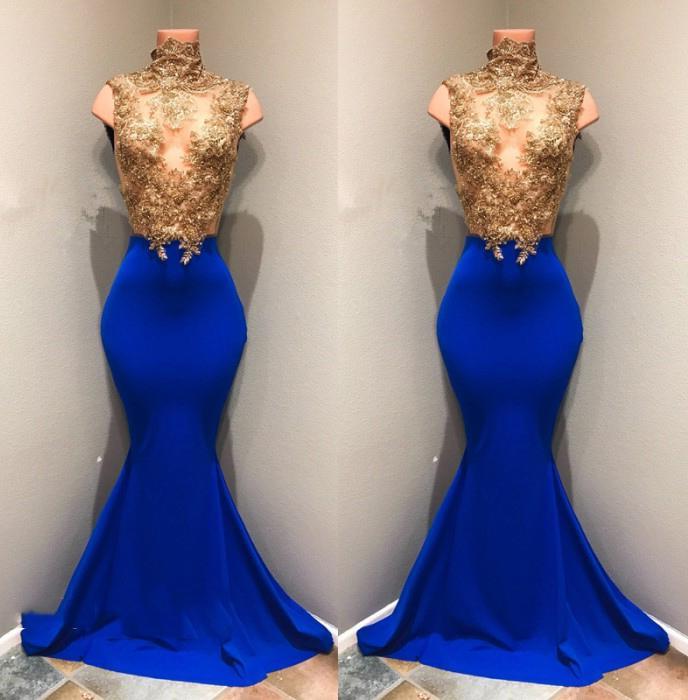 Prom Dress Backless, Charming Royal Blue Mermaid See Through Gold Appliques African Long Prom Dresses