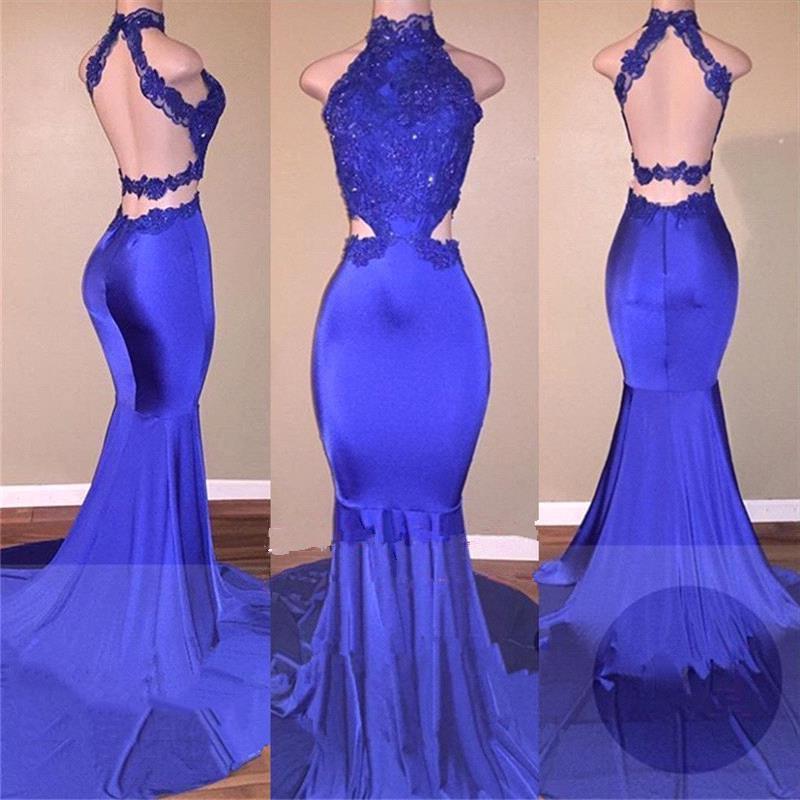 Prom Dresses Brand, Sexy Mermaid Royal Blue Backless With Appliques High Neck Long Prom Dresses