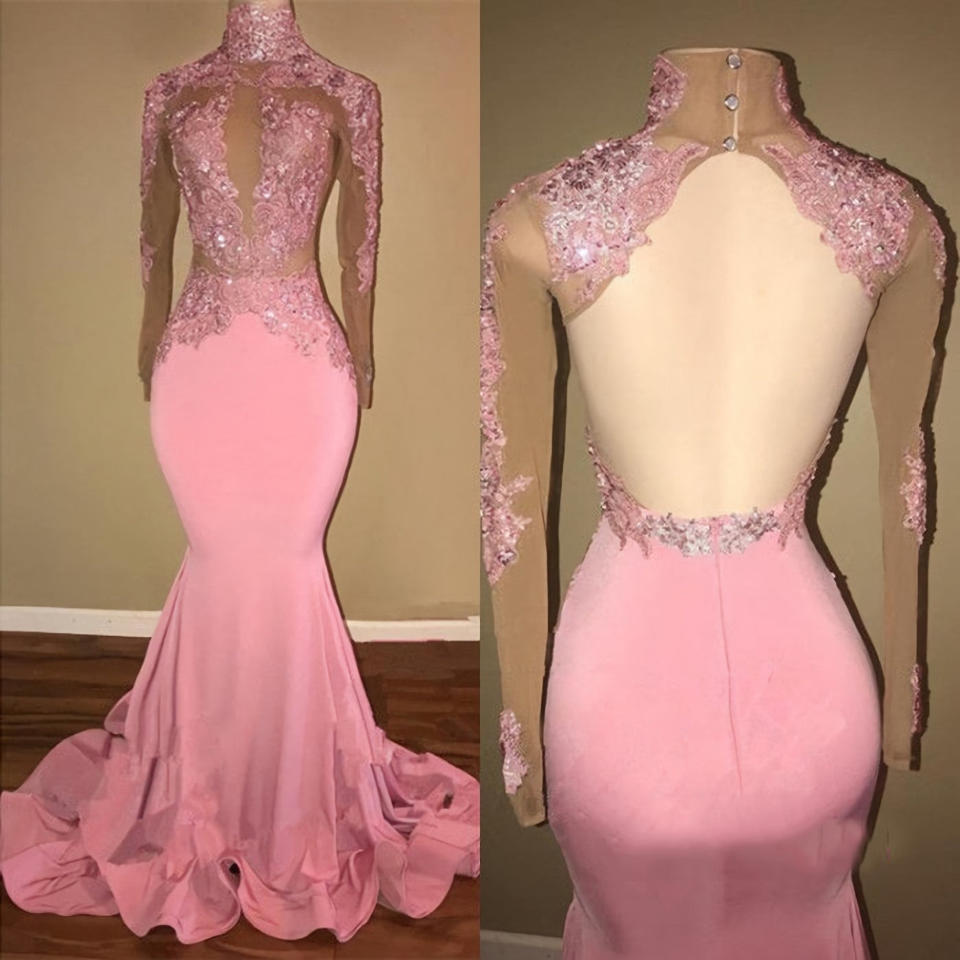 Formal Dress Idea, Alluring Pink Mermaid Long Sleeves Backless Elastic Satin Open Front High Neck 2024 Prom Dresses