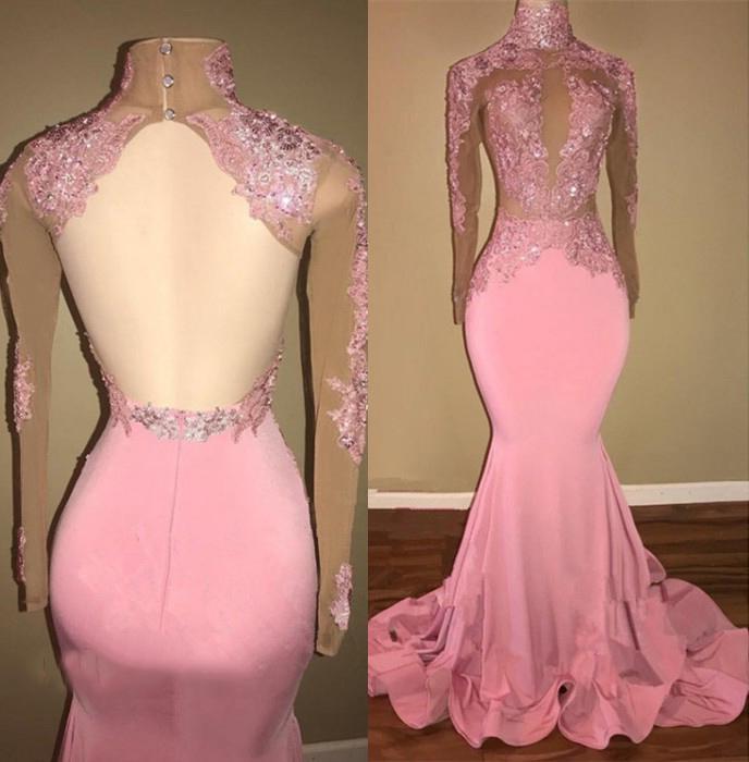 Prom Dress Types, Alluring Pink Mermaid Long Sleeves Backless Elastic Satin Open Front High Neck Prom Dresses