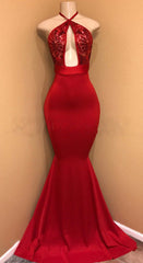 Evening Dress For Wedding Guest, Sexy Red Mermaid Halter Open Front Satin Prom Dresses With Sequence