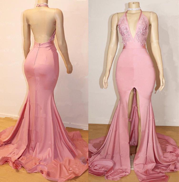 Prom Dresses Beautiful, Sheath Pink Side Slit V Neck Backless Long High Waist Prom Dresses