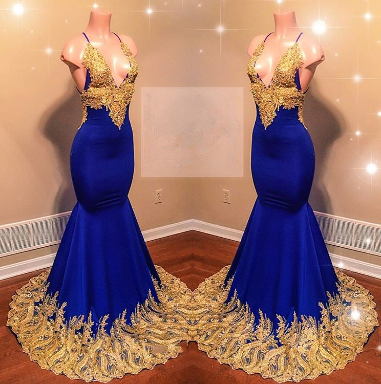 Evening Dresses Australia, Amazing Royal Blue Mermaid With Gold Appliques Sweetheart Spaghetti Straps Backless Prom Dresses