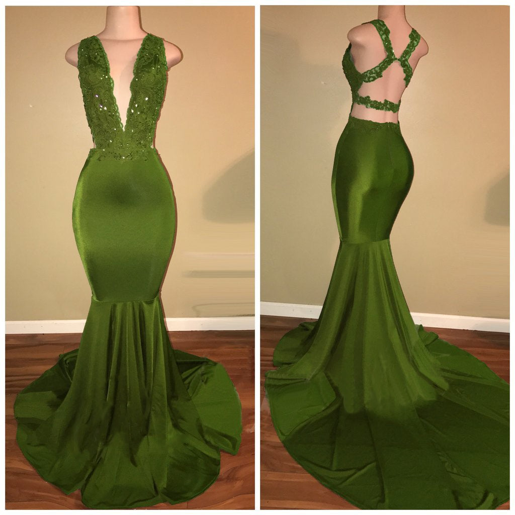 Formal Dresses Online, Green Mermaid Deep V Neck Criss Cross Backless Long Prom Dresses